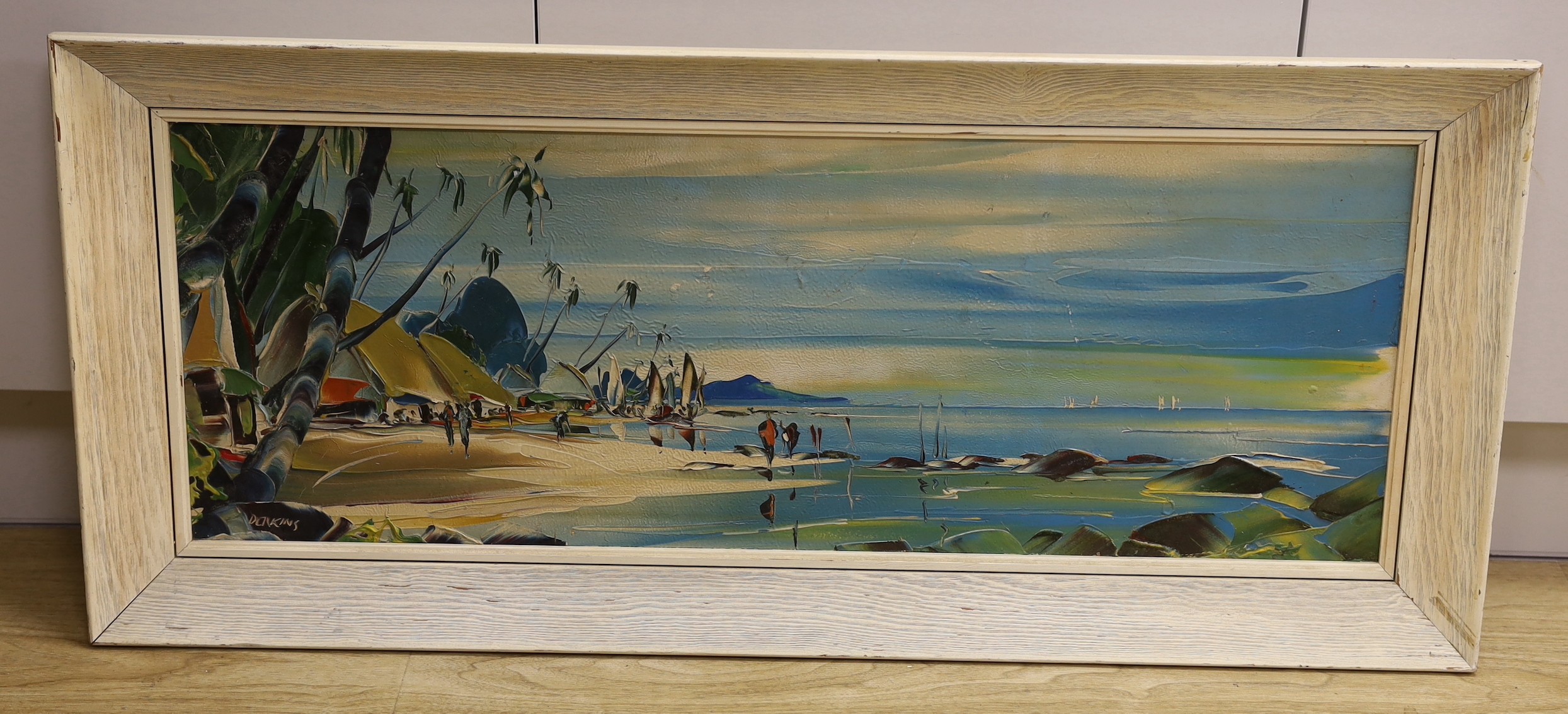 George Deakins (1911-1992), oil on board, 'Beach scene, St Lucia', signed, 30 x 83cm